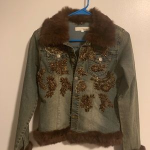 Beaded Denim Jacket with Rabbit Fur